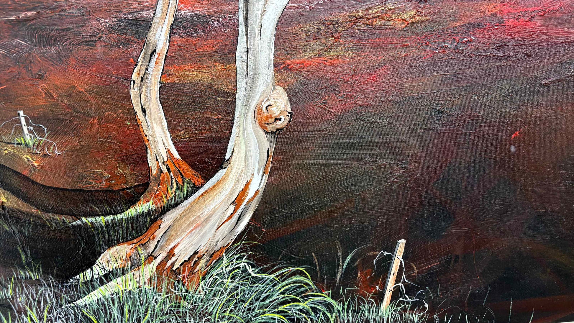 close up of layers, detail and texture on Afternoons Tender Kiss is an original acrylic on canvas abstract landscape painting by Australian artist Tania Chanter. 180x90cm