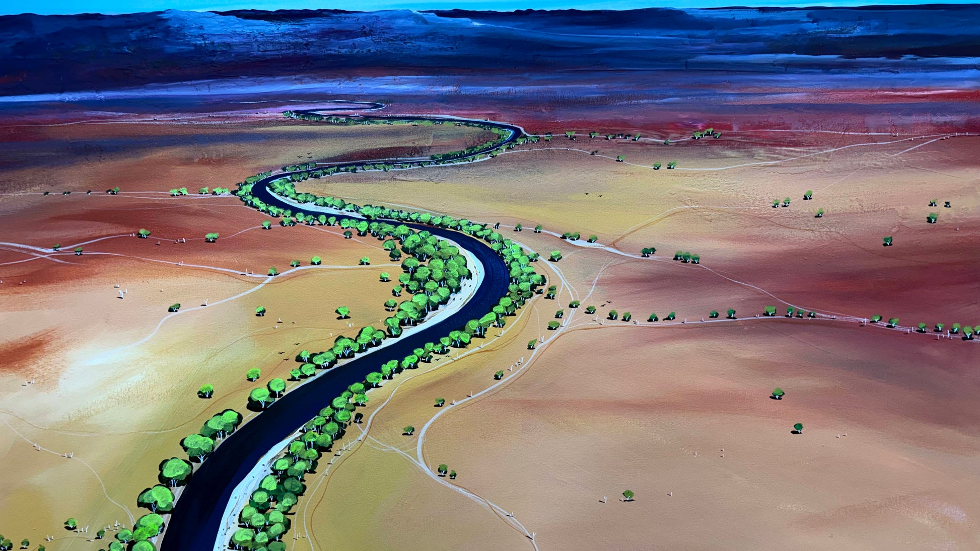 Aerial view of a winding river through a desert landscape with greenery.