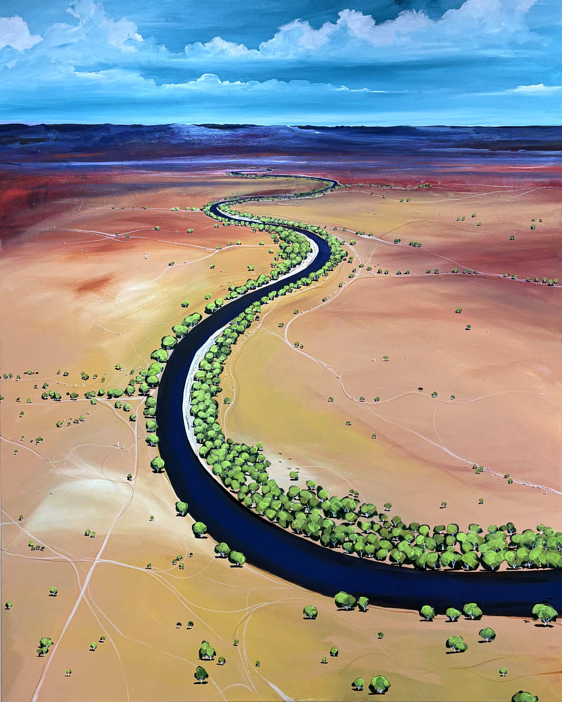 A Gentle Conversation by Australian artist Tania Chanter, acrylic on canvas, 120x150cm, abstract textured aerial landscape.