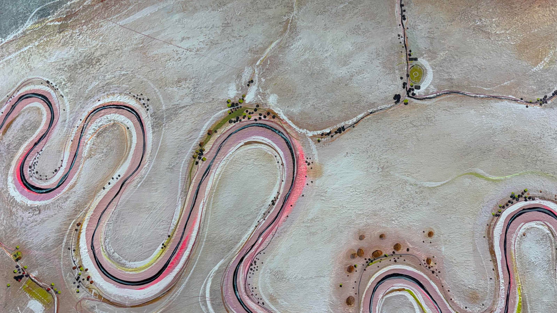 Close-up of A Gentle Earth showing delicate winding lines, layered textures and subtle pastel colours.
