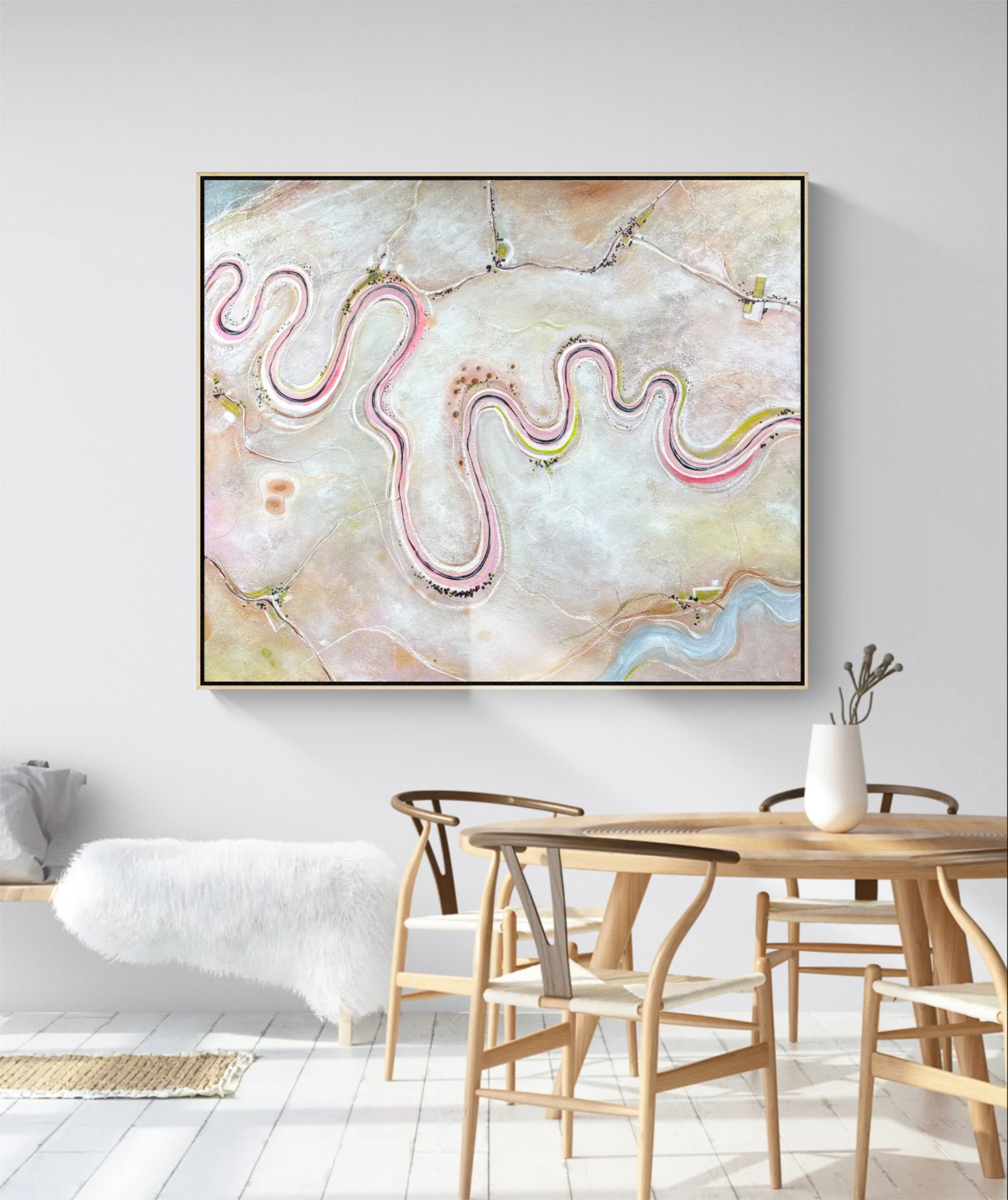 A Gentle Earth original abstract landscape painting by Tania Chanter in soft pink, earthy and pale blue tones.