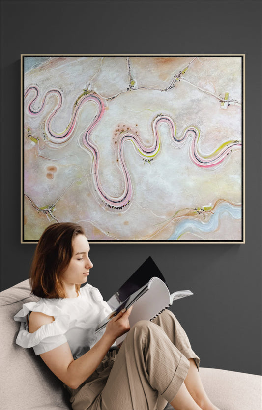 A Gentle Earth by Tania Chanter, featuring winding river-like forms flowing across a softly textured abstract landscape.