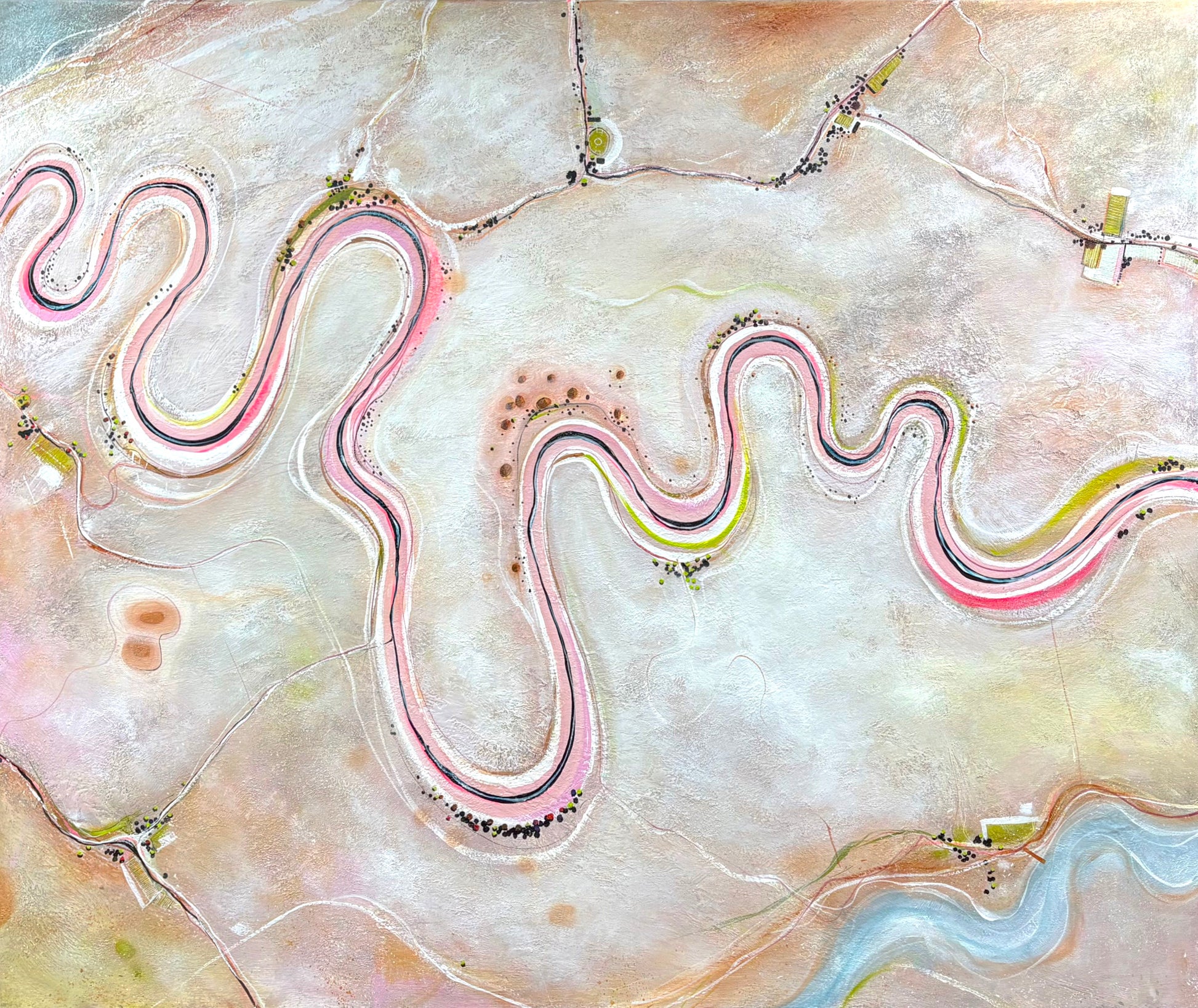 A Gentle Earth by Tania Chanter, featuring winding river-like forms flowing across a softly textured abstract landscape.