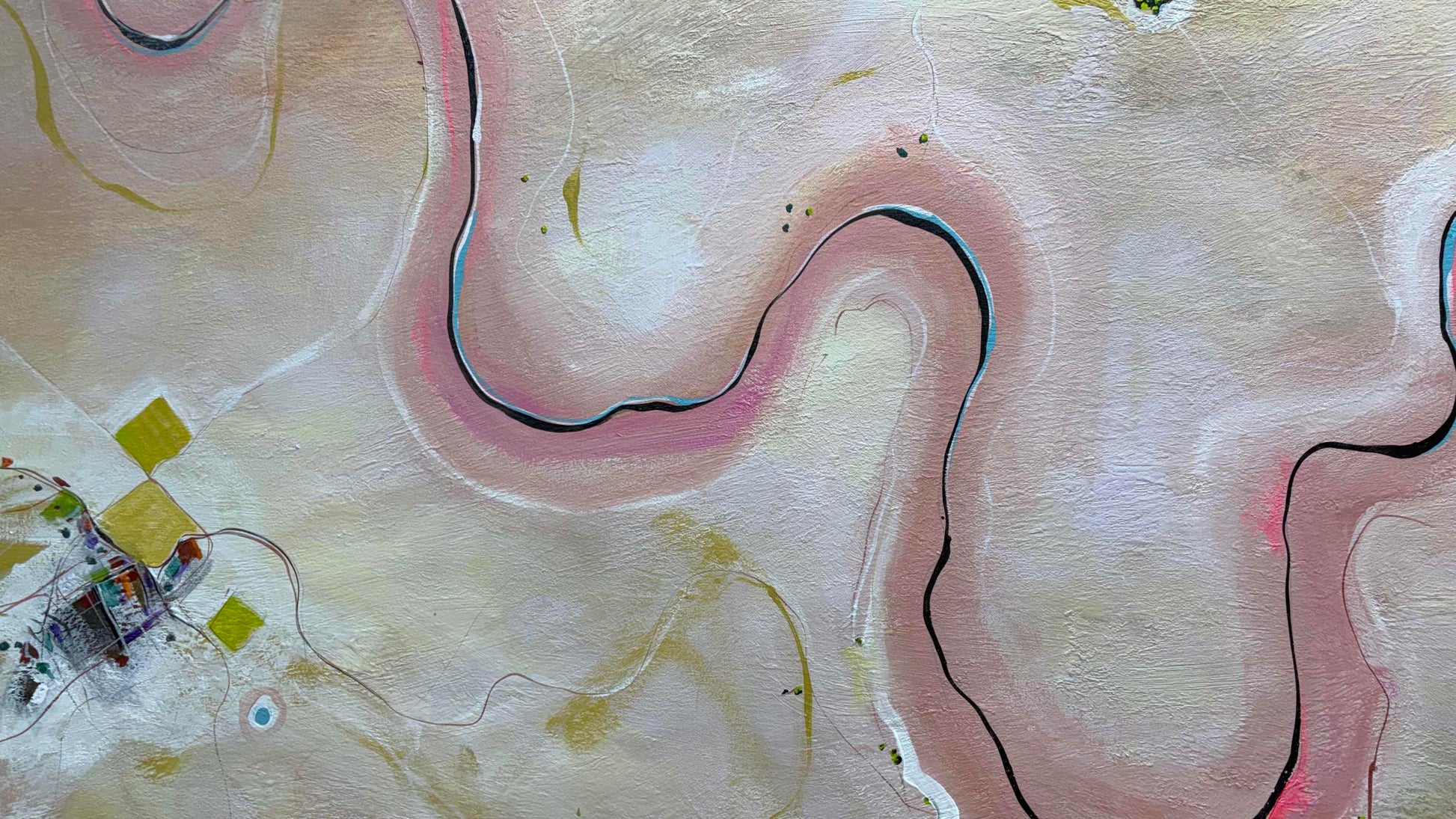 Close up of layers, detail and texture on A Place To Breathe by Australian artist Tania Chanter, 150x120cm, acrylic on canvas, textured abstract aerial landscape in pastel tones.
