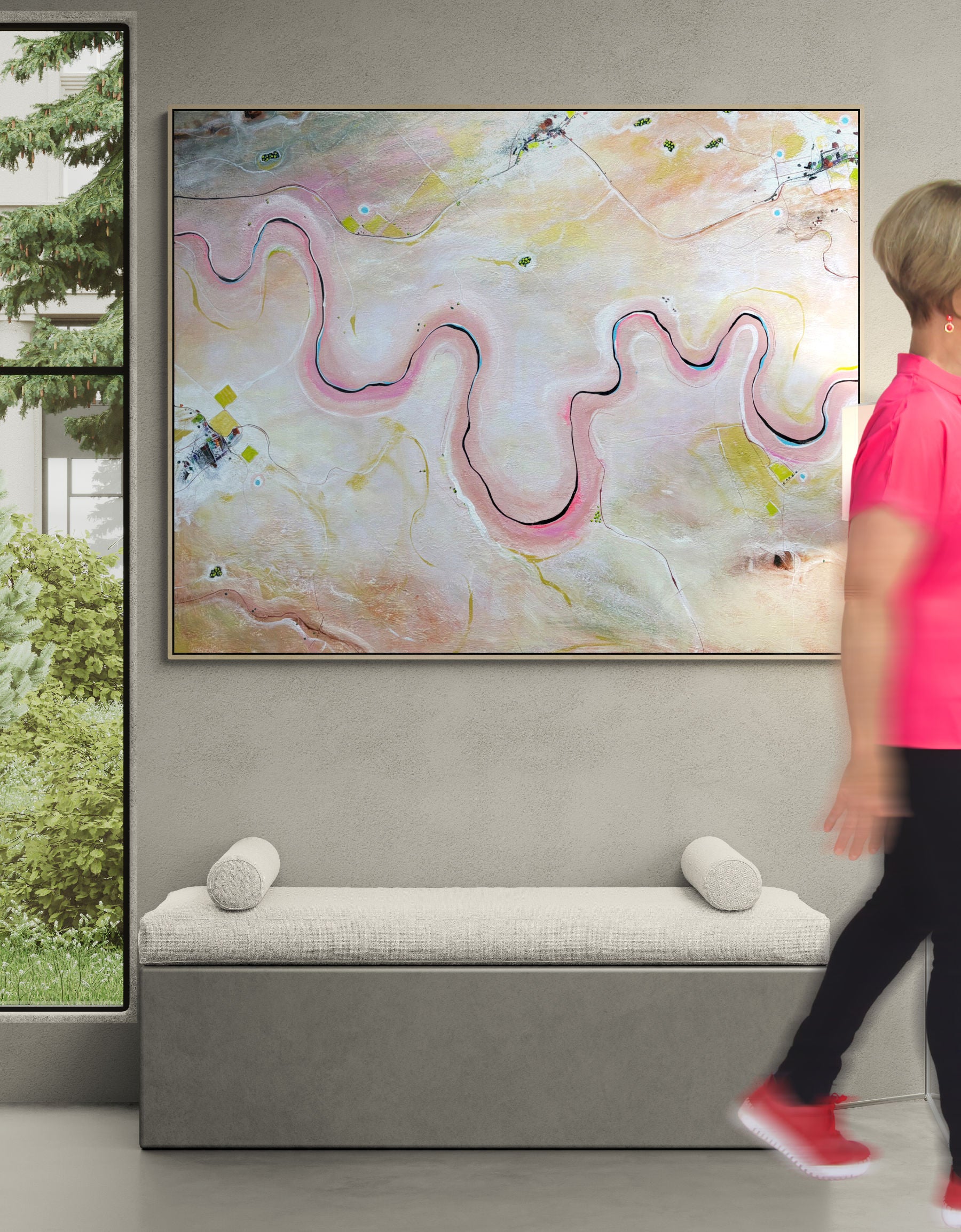 A Place To Breathe by Australian artist Tania Chanter, 150x120cm, acrylic on canvas, textured abstract aerial landscape in pastel tones.