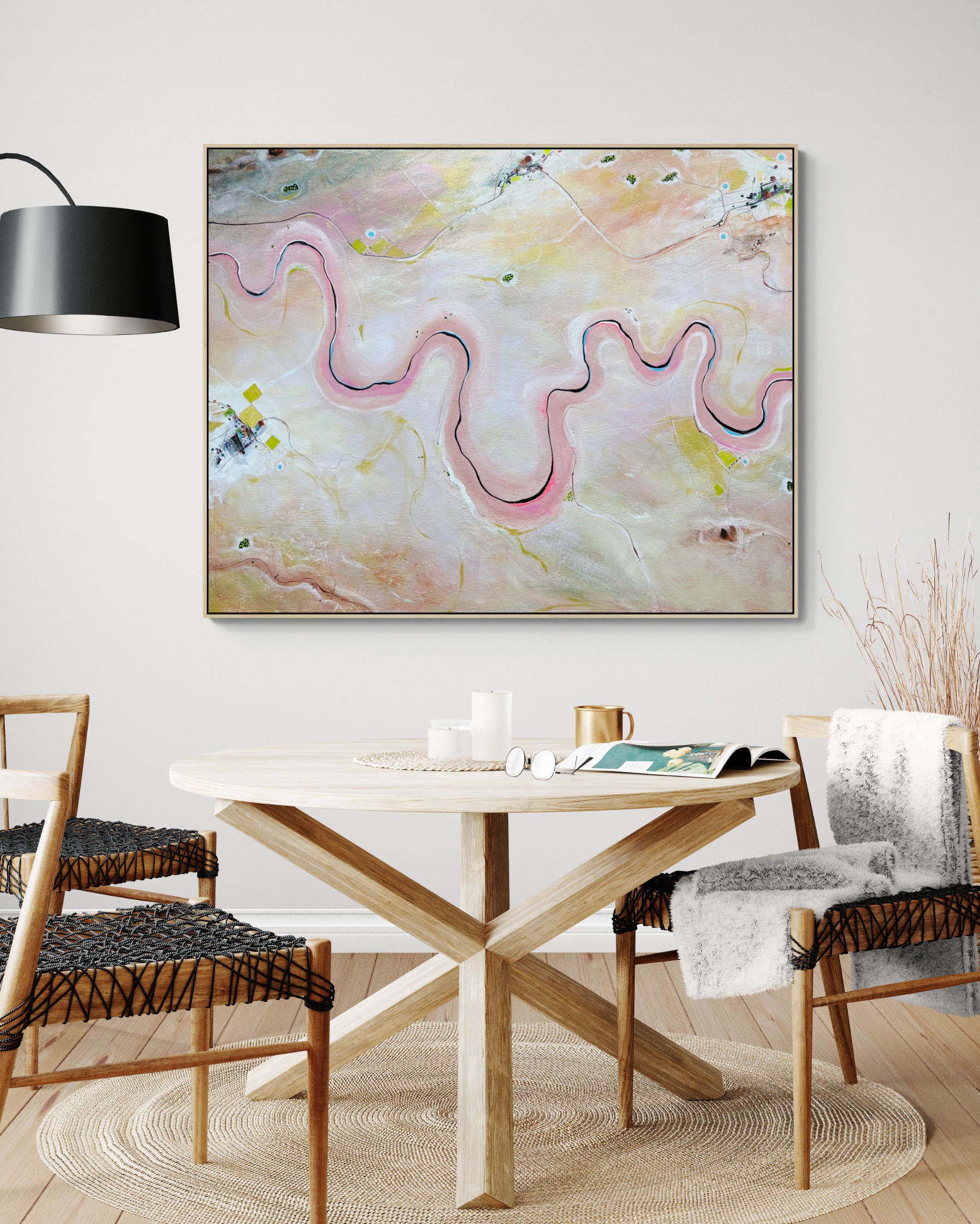 A Place To Breathe by Australian artist Tania Chanter, 150x120cm, acrylic on canvas, textured abstract aerial landscape in pastel tones.