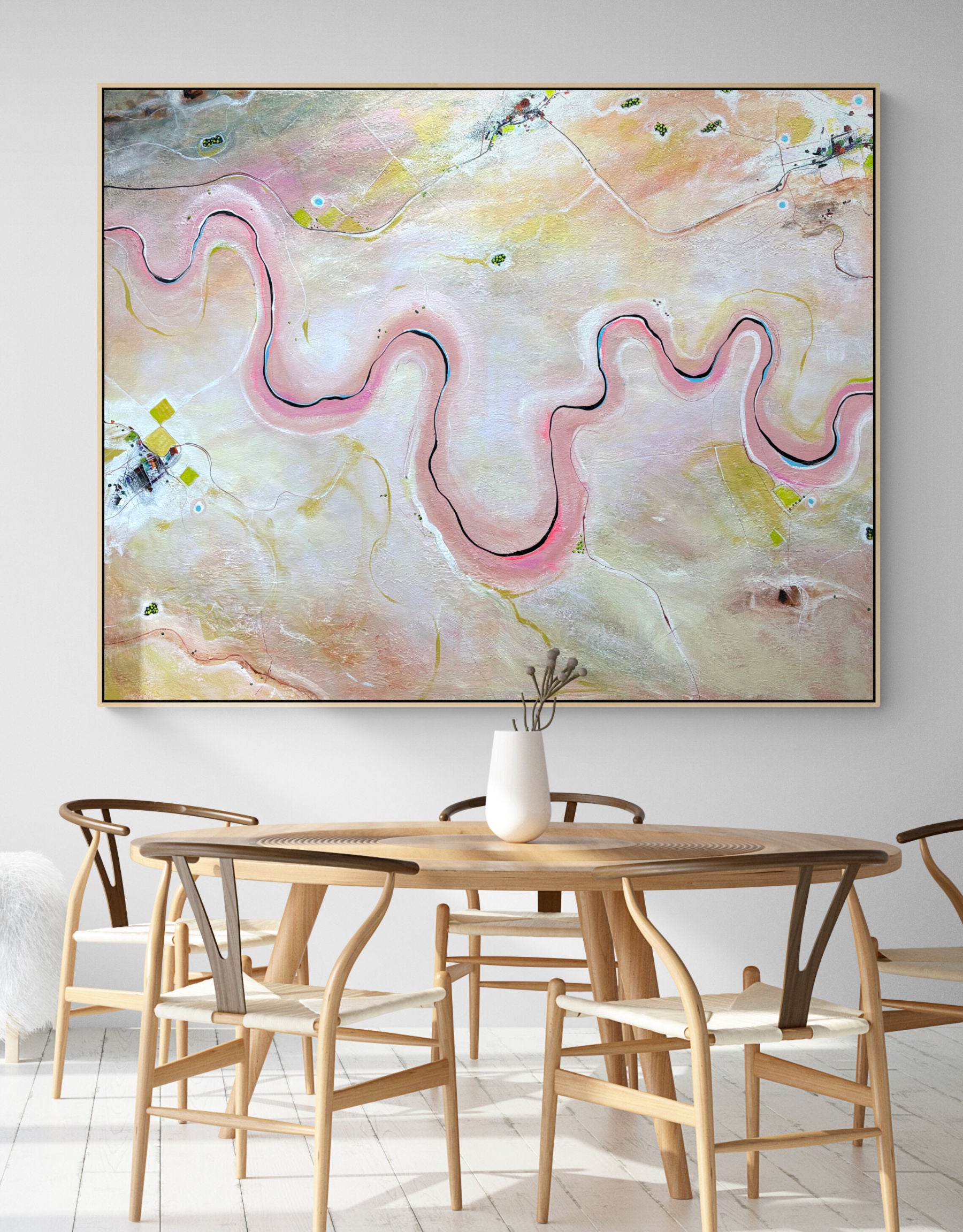 A Place To Breathe by Australian artist Tania Chanter, 150x120cm, acrylic on canvas, textured abstract aerial landscape in pastel tones.