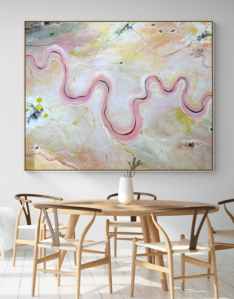 A Place To Breathe by Australian artist Tania Chanter, 150x120cm, acrylic on canvas, textured abstract aerial landscape in pastel tones.