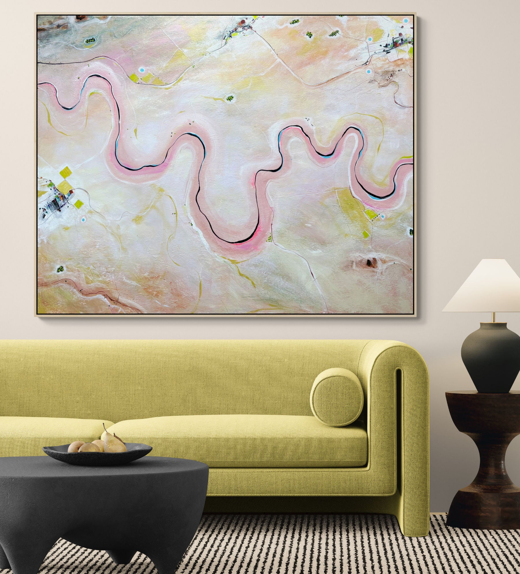 A Place To Breathe by Australian artist Tania Chanter, 150x120cm, acrylic on canvas, textured abstract aerial landscape in pastel tones.