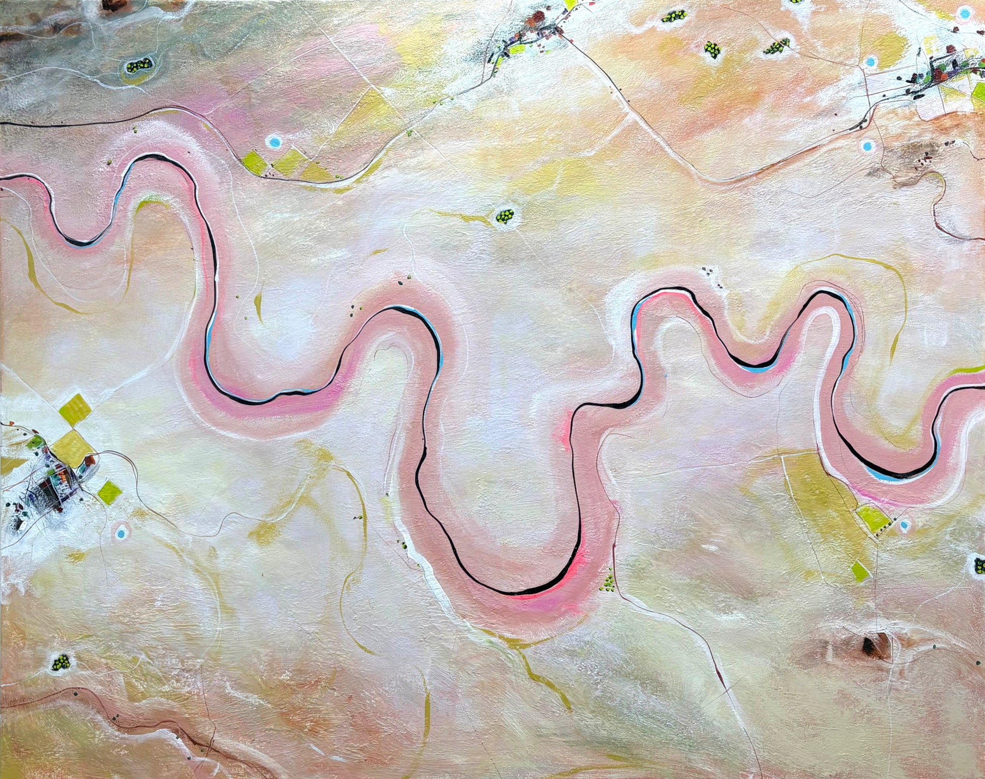 A Place To Breathe by Australian artist Tania Chanter, 150x120cm, acrylic on canvas, textured abstract aerial landscape in pastel tones.