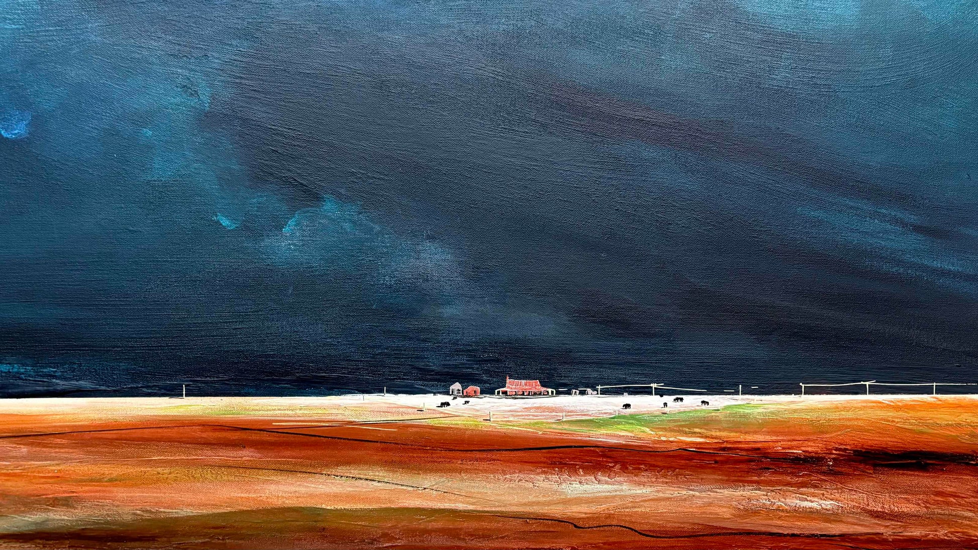 Close up of layers, detail and texture and farmhouse. A Place To Call Home by Australian artist Tania Chanter, 10x100cm, acrylic on canvas, moody abstract cloudscape.