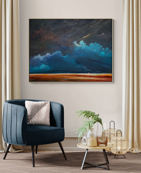 A Place To Call Home by Australian artist Tania Chanter, 10x100cm, acrylic on canvas, moody abstract cloudscape.