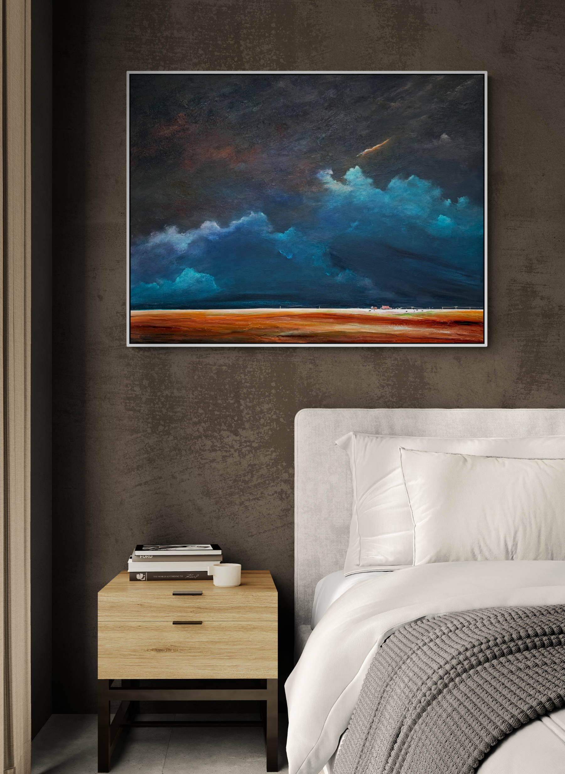 A Place To Call Home by Australian artist Tania Chanter, 10x100cm, acrylic on canvas, moody abstract cloudscape.