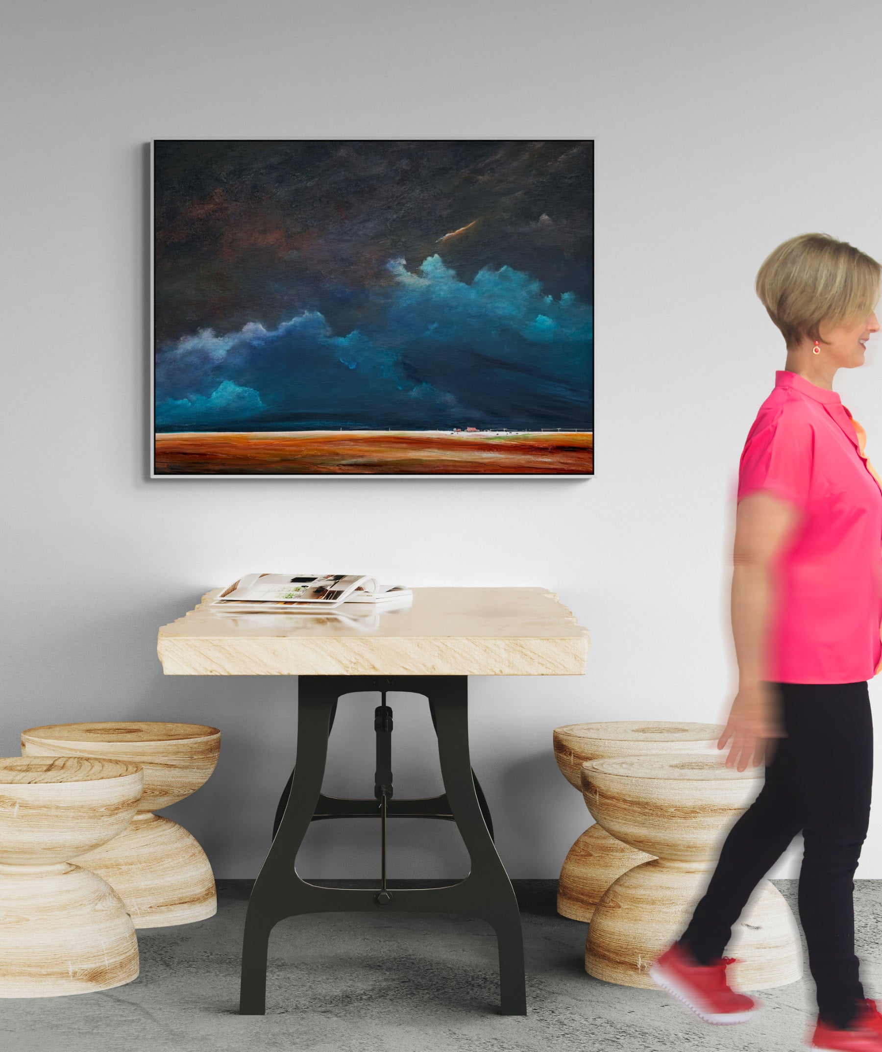 A Place To Call Home by Australian artist Tania Chanter, 10x100cm, acrylic on canvas, moody abstract cloudscape.