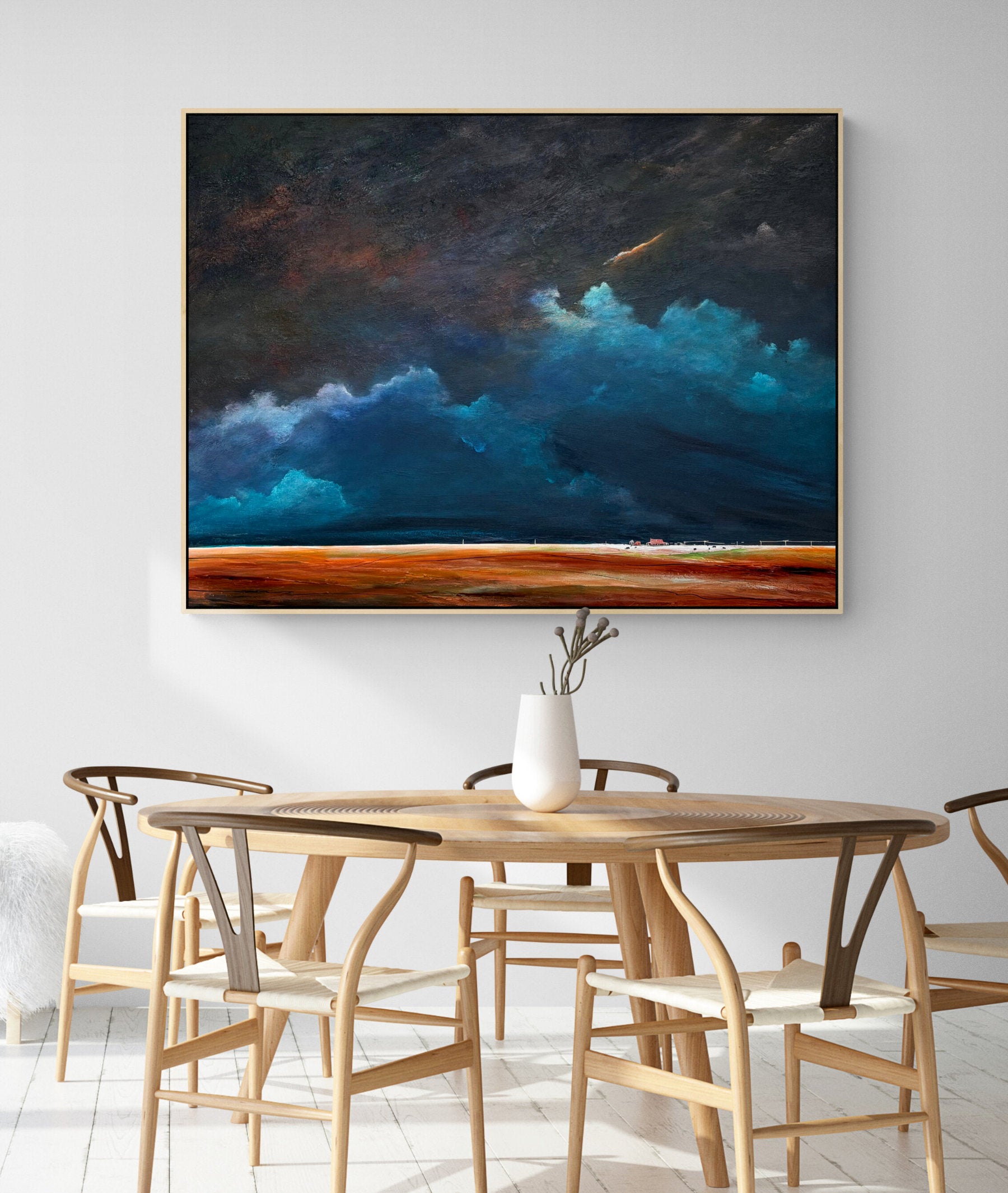 A Place To Call Home by Australian artist Tania Chanter, 10x100cm, acrylic on canvas, moody abstract cloudscape.