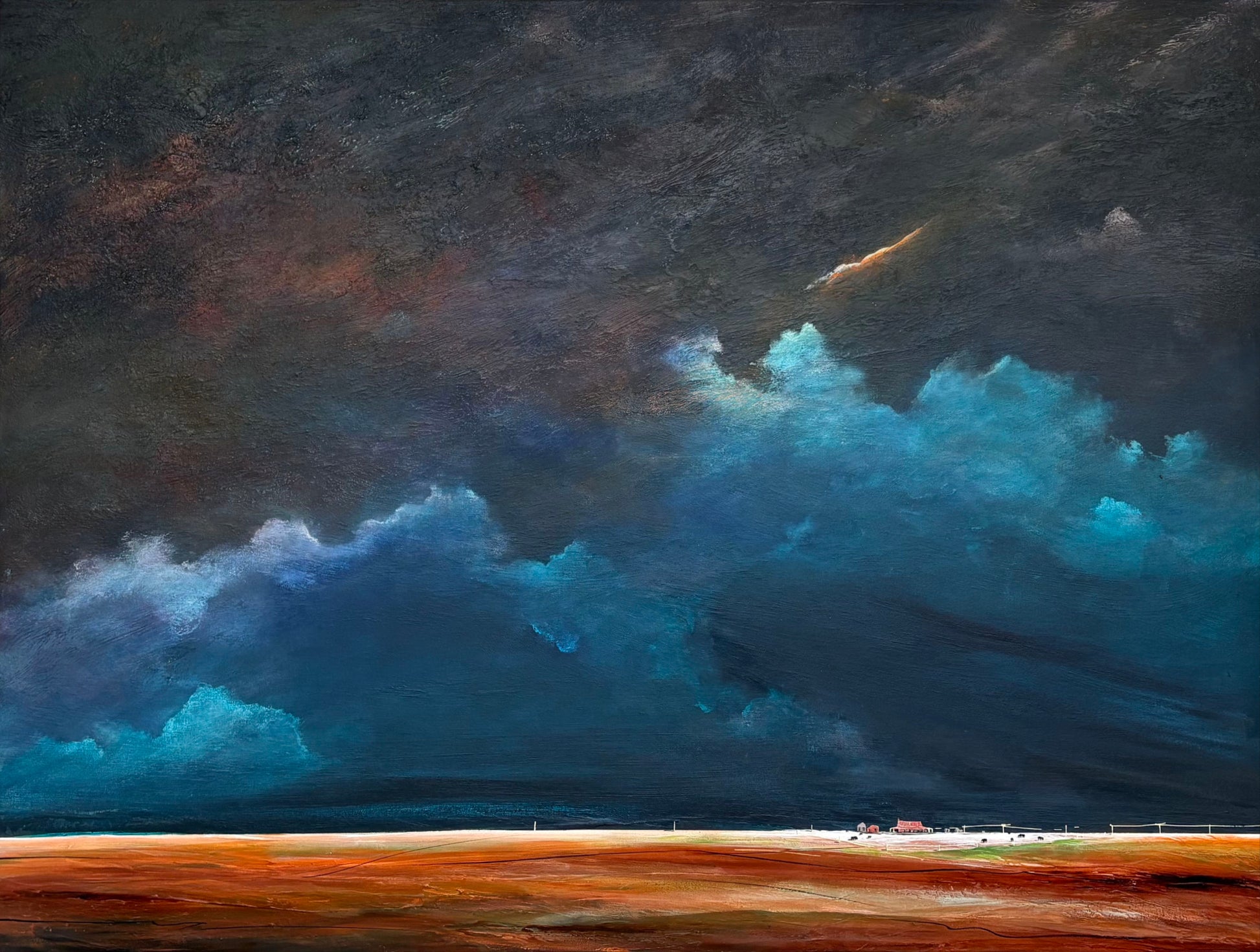 A Place To Call Home by Australian artist Tania Chanter, 10x100cm, acrylic on canvas, moody abstract cloudscape.