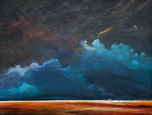 A Place To Call Home by Australian artist Tania Chanter, 10x100cm, acrylic on canvas, moody abstract cloudscape.