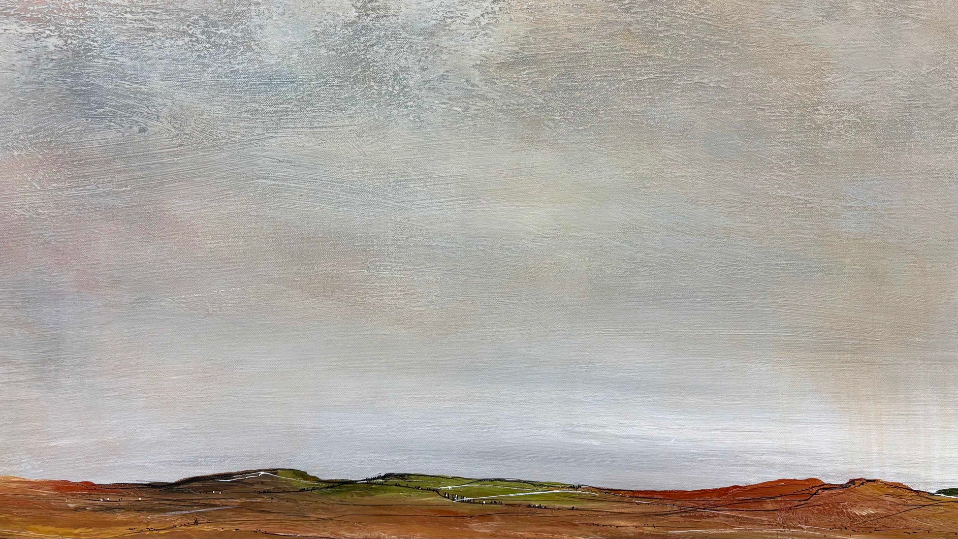 Close up of layers, detail and texture on Sky Full Of Memories by Australian artist Tania Chanter, 160x70cm, original one-off, acrylic on canvas, textured abstract cloudscape.