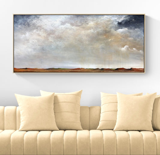 Sky Full Of Memories by Australian artist Tania Chanter, 160x70cm, original one-off, acrylic on canvas, textured abstract cloudscape.