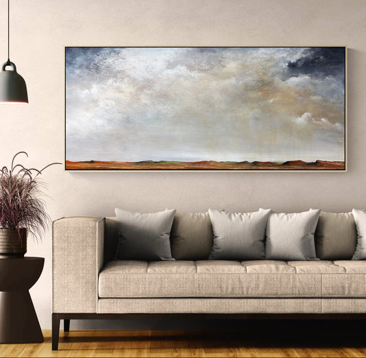 Sky Full Of Memories by Australian artist Tania Chanter, 160x70cm, original one-off, acrylic on canvas, textured abstract cloudscape.