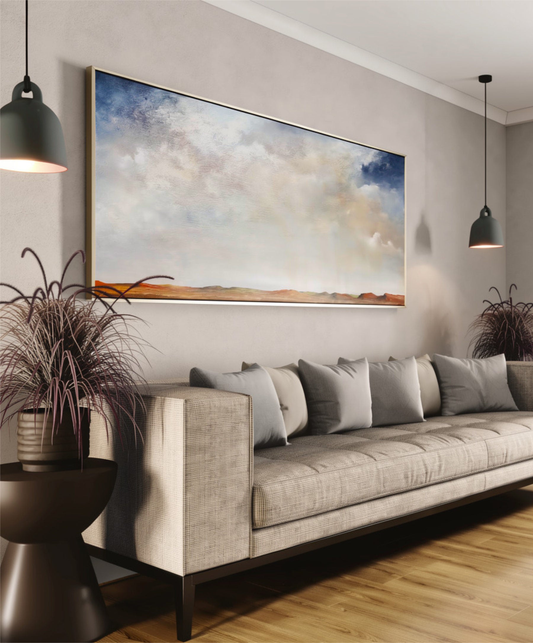 Sky Full Of Memories by Australian artist Tania Chanter, 160x70cm, original one-off, acrylic on canvas, textured abstract cloudscape.