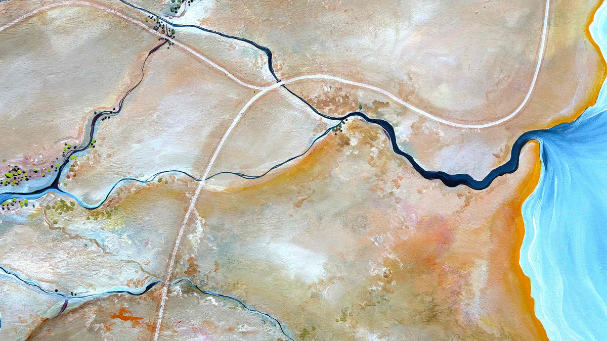Close up of A Small Piece Of A Vast World by Australian artist Tania Chanter, aerial, original, one of a kind, textured acrylic on canvas, 160x70cm.
