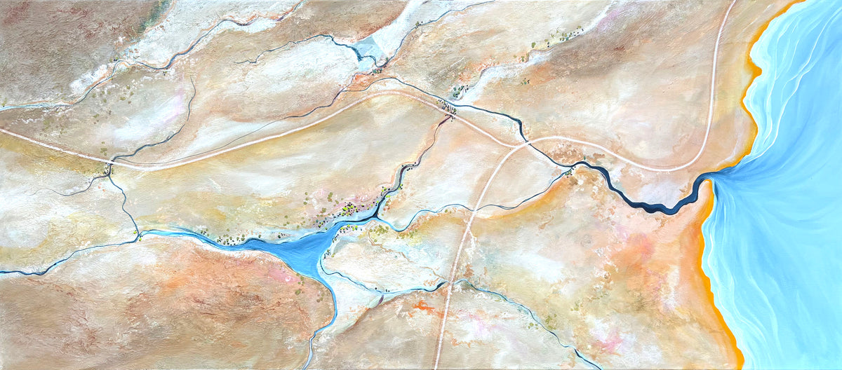 An aerial-style landscape artwork showing tan and beige terrain with winding blue waterways and a bright blue coastal or ocean area on the right.