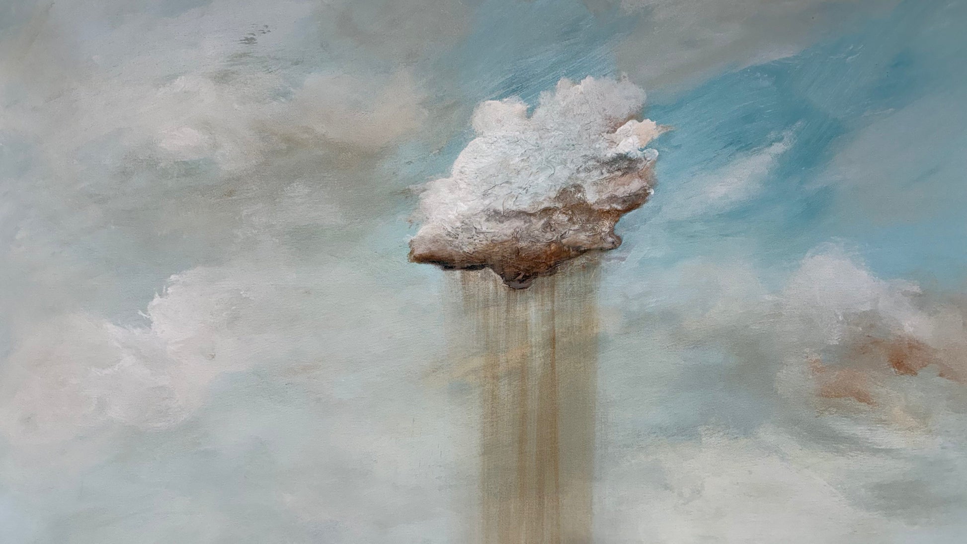 Close up of layers, detail and texture on a Thread Pulled From The Sky by Australian artist Tania Chanter is an original abstract cloudscape, 90x120cm, acrylic on canvas. 