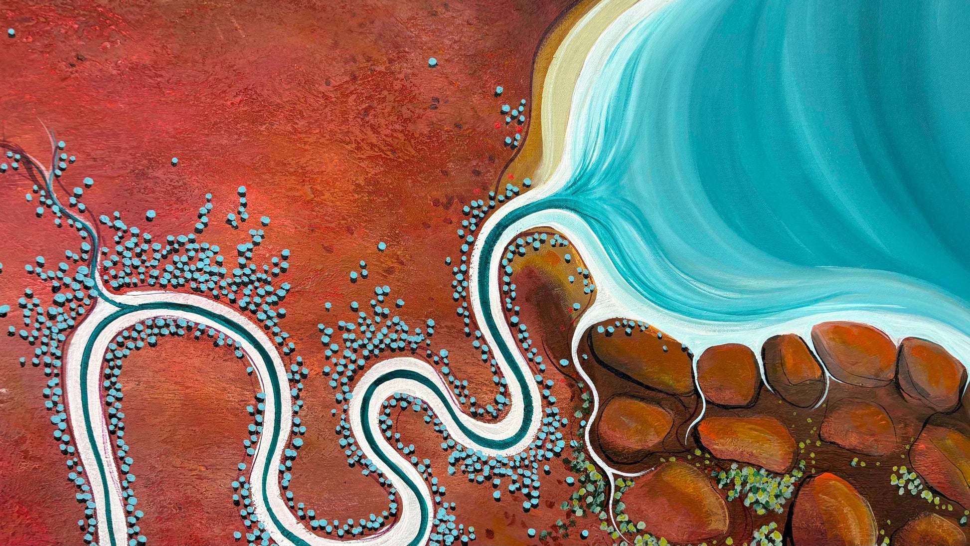 Close up of layers, detail and texture on Bay Of Burning Earth by Australian artist Tania Chanter, acrylic on canvas, 160x80cm, textured aerial abstract landscape in vivid red and blue tones.