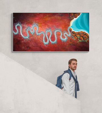 Bay Of Burning Earth by Australian artist Tania Chanter, acrylic on canvas, 160x80cm, textured aerial abstract landscape in vivid red and blue tones.