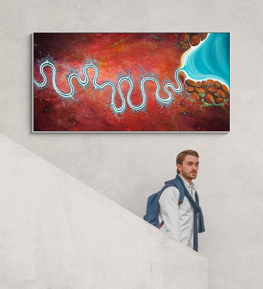 Bay Of Burning Earth by Australian artist Tania Chanter, acrylic on canvas, 160x80cm, textured aerial abstract landscape in vivid red and blue tones.