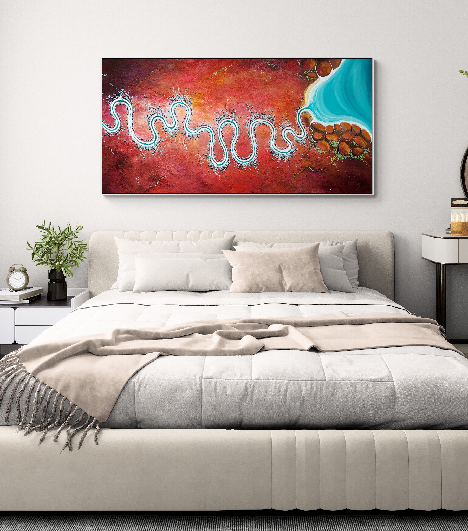 Bay Of Burning Earth by Australian artist Tania Chanter, acrylic on canvas, 160x80cm, textured aerial abstract landscape in vivid red and blue tones.