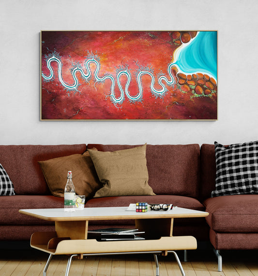 Bay Of Burning Earth by Australian artist Tania Chanter, acrylic on canvas, 160x80cm, textured aerial abstract landscape in vivid red and blue tones.