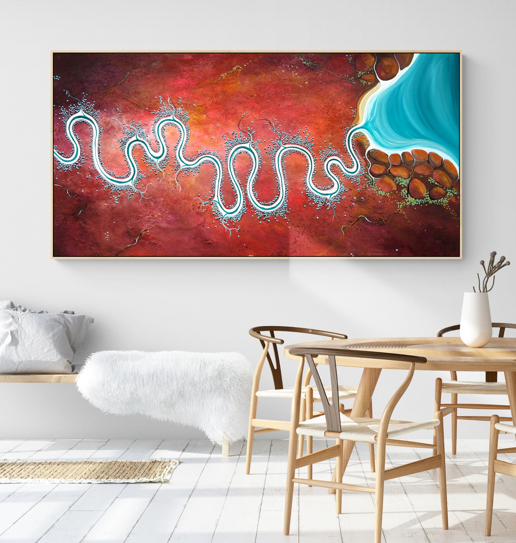 Bay Of Burning Earth by Australian artist Tania Chanter, acrylic on canvas, 160x80cm, textured aerial abstract landscape in vivid red and blue tones.