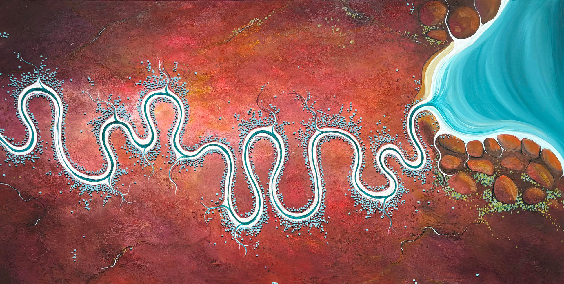 Bay Of Burning Earth by Australian artist Tania Chanter, acrylic on canvas, 160x80cm, textured aerial abstract landscape in vivid red and blue tones.