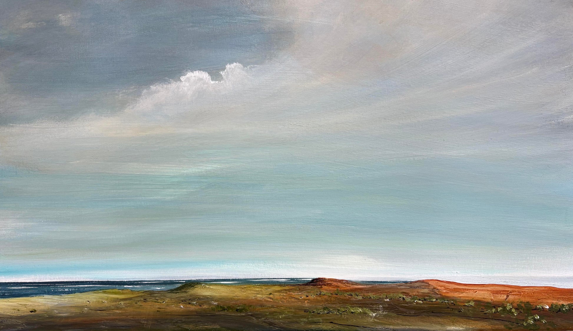Close-up of Beneath A Silver Sky showing layered texture, soft blue and white clouds, and rich acrylic brushwork.