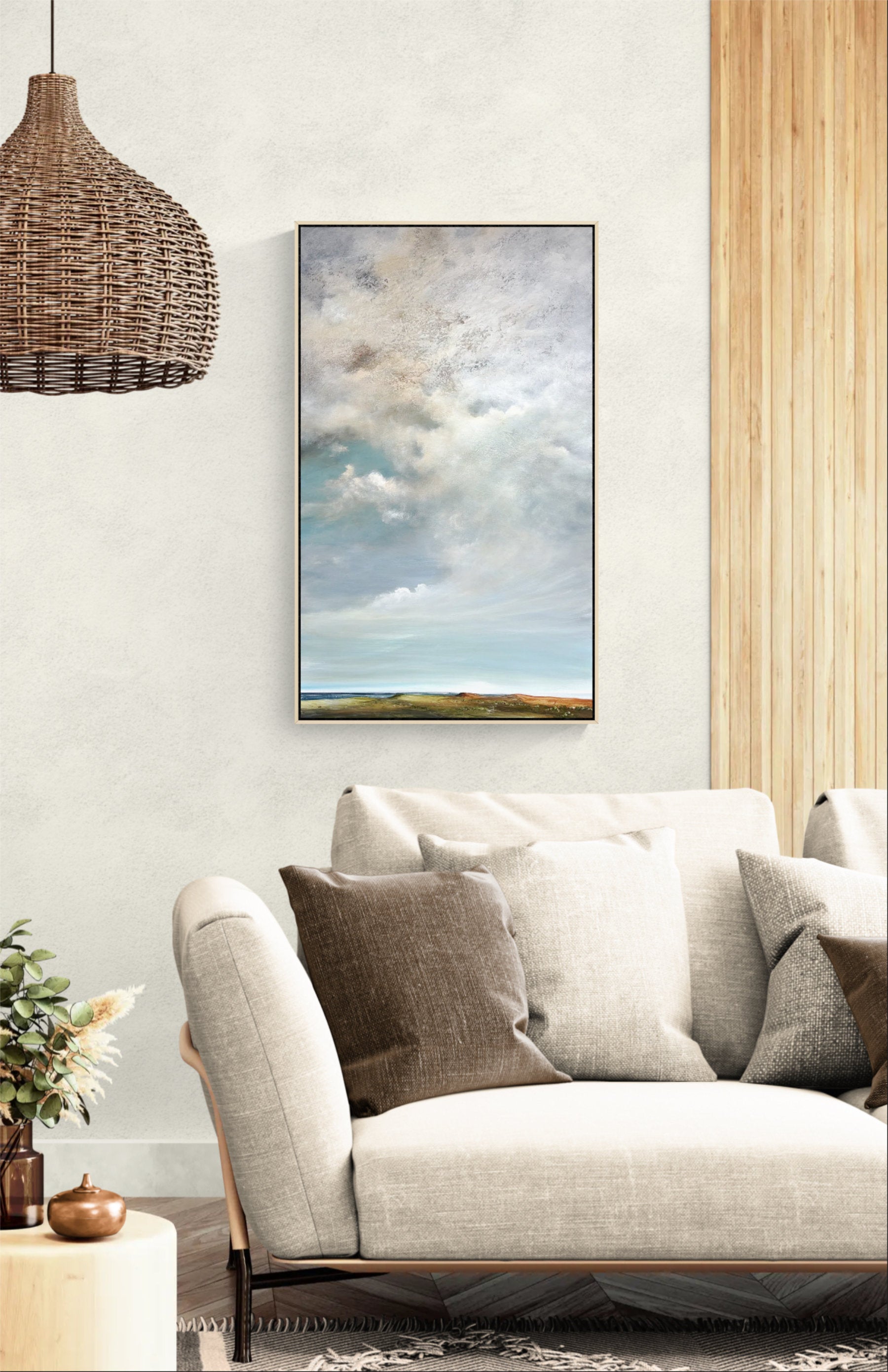 Beneath A Silver Sky displayed in a contemporary living room above a sofa.