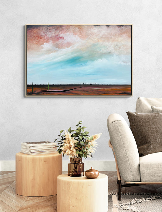 Beneath The Memory of Clouds by Tania Chanter is an original, abstract landscape, 120x80cm.