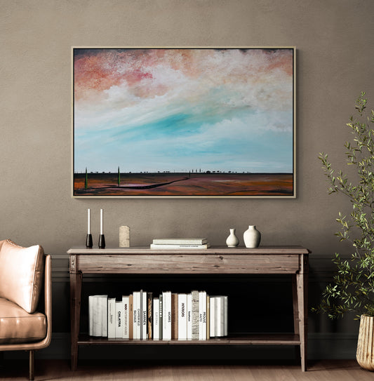 Beneath The Memory of Clouds by Tania Chanter is an original, abstract landscape, 120x80cm.