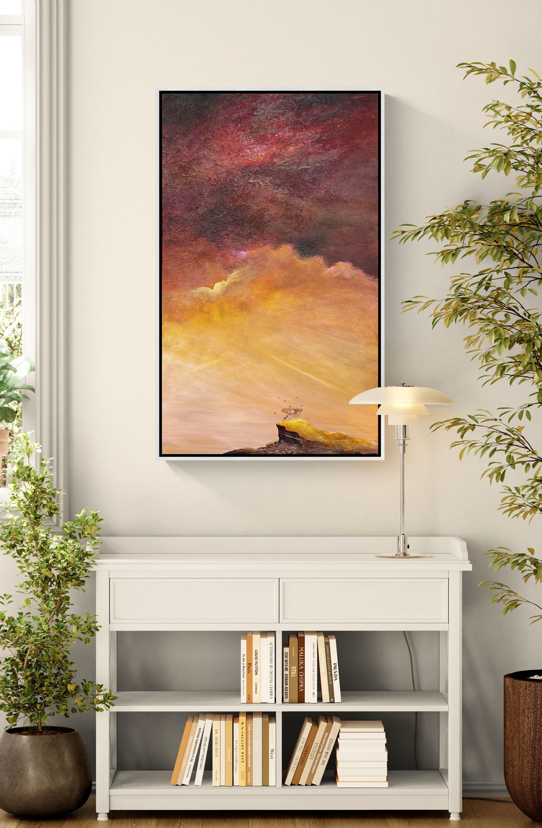 Beneath A Crimson Memory  by Australian artist Tania Chanter, moody, textured abstract landscape, 60x100cm.
