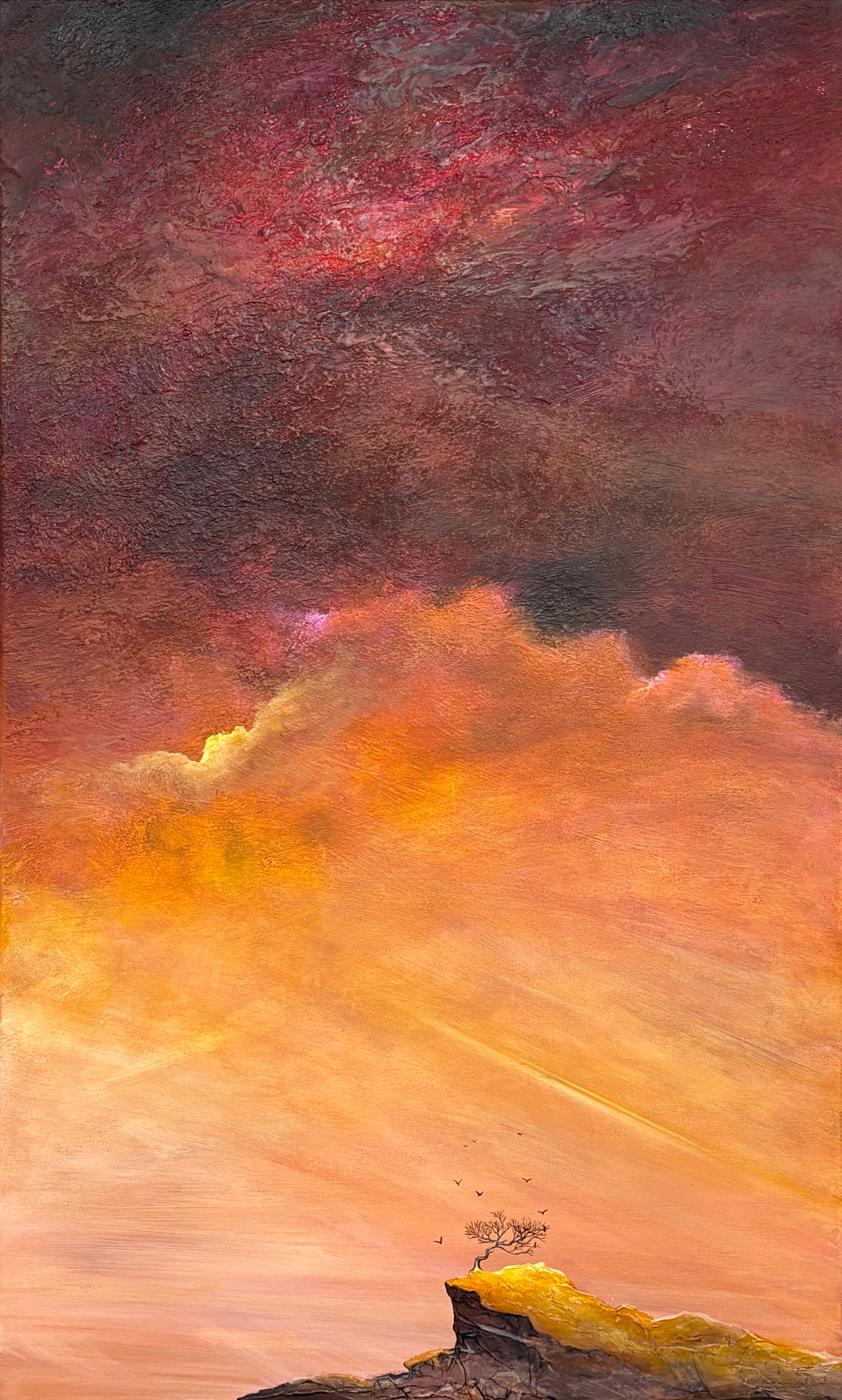 Beneath A Crimson Memory  by Australian artist Tania Chanter, moody, textured abstract landscape, 60x100cm.