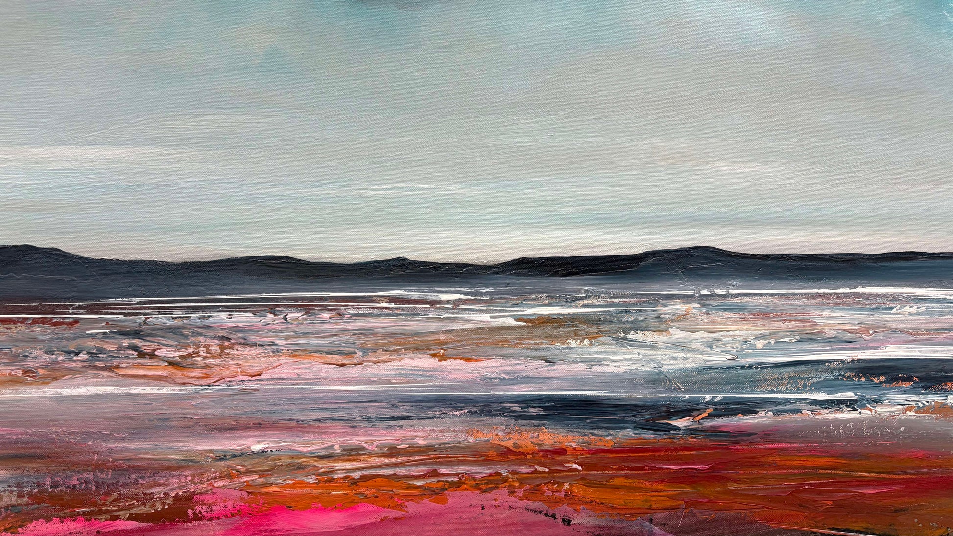 Close up of layers, detail and texture on Beneath The Burn of Cloud And Tide by Tania Chanter, original, acrylic on canvas, 160x80cm, textured abstract seascape.
