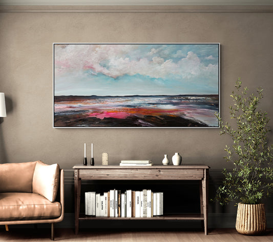 Beneath The Burn of Cloud And Tide by Tania Chanter, original, acrylic on canvas, 160x80cm, textured abstract seascape.