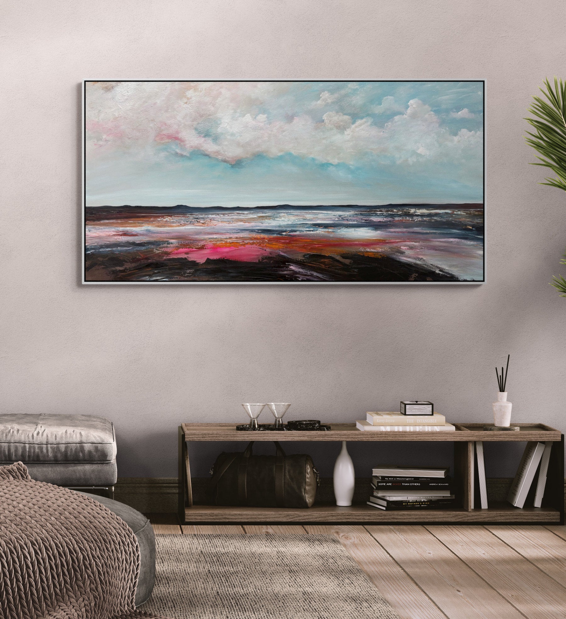 Beneath The Burn of Cloud And Tide by Tania Chanter, original, acrylic on canvas, 160x80cm, textured abstract seascape.