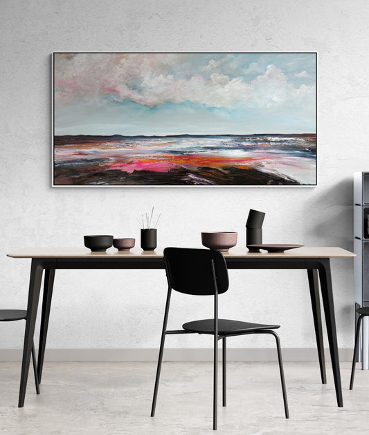 Beneath The Burn of Cloud And Tide by Tania Chanter, original, acrylic on canvas, 160x80cm, textured abstract seascape.