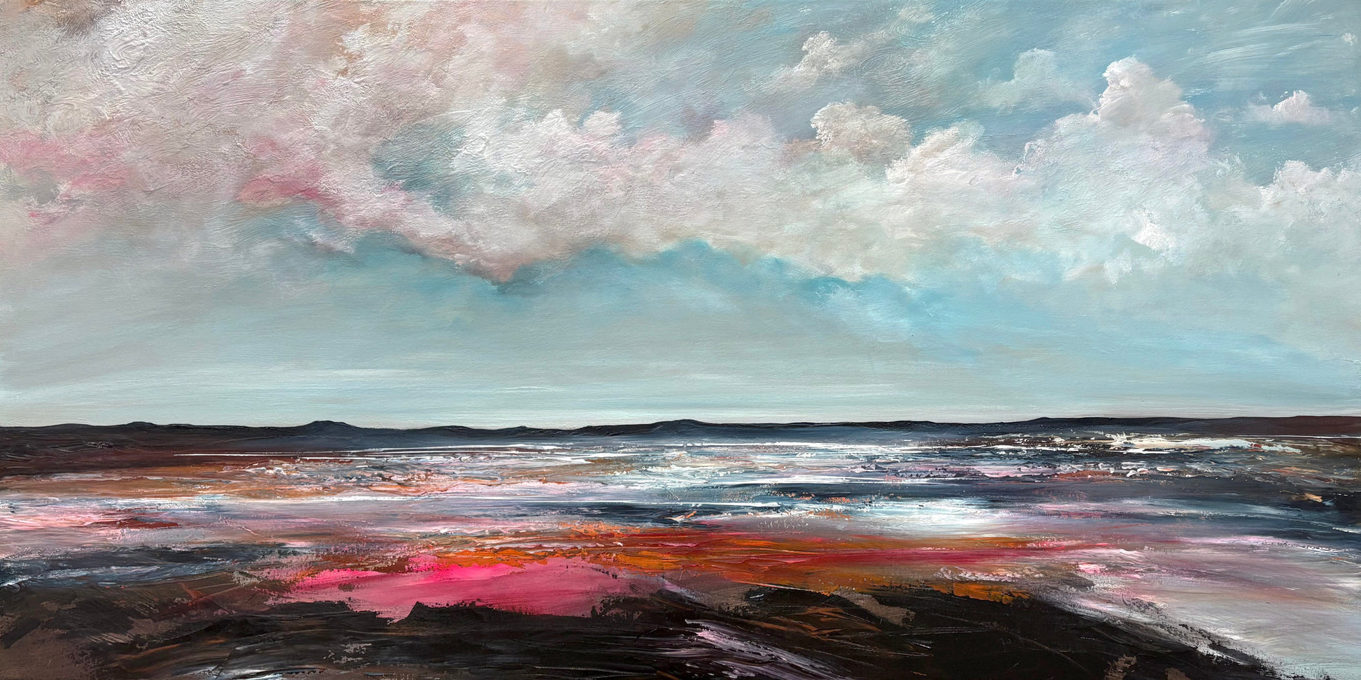 Beneath The Burn of Cloud And Tide by Tania Chanter, original, acrylic on canvas, 160x80cm, textured abstract seascape.