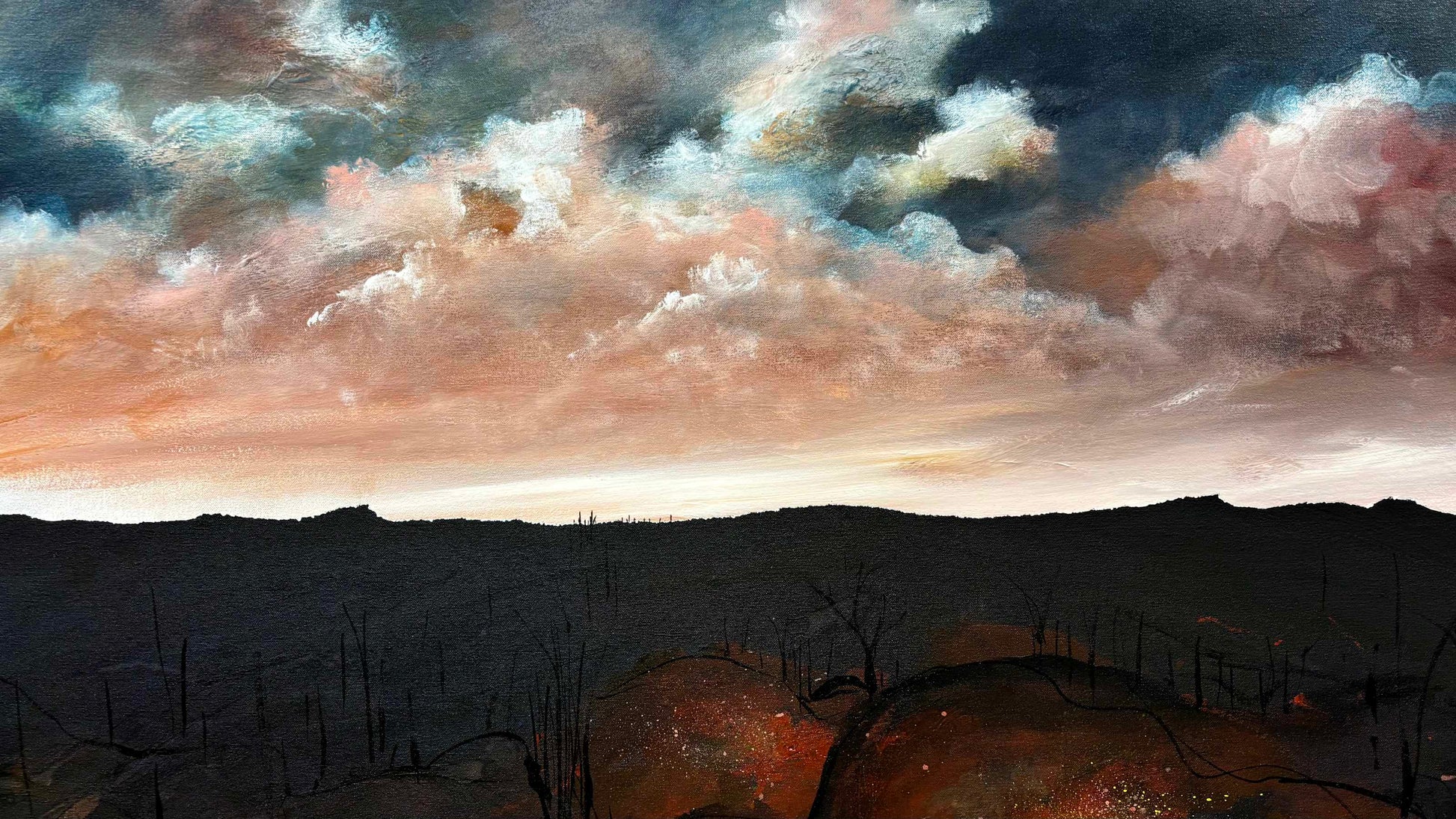 Close up of layering, detail and texture on Between Ember and Earth by Australian artist Tania Chanter, original, acrylic on canvas, 120x90cm, abstract moody cloudscape.
