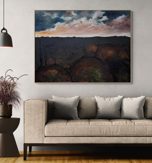 Between Ember and Earth by Australian artist Tania Chanter, original, acrylic on canvas, 120x90cm, abstract moody cloudscape.