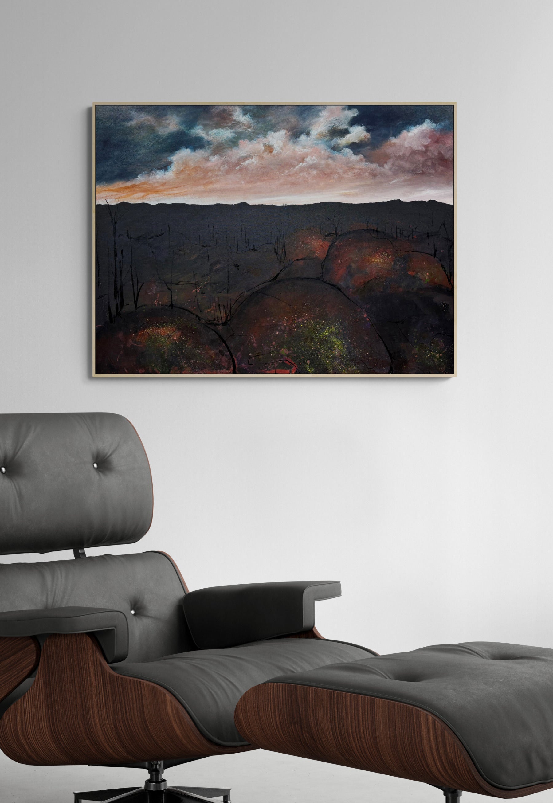 Close up of layering, detail and texture on Between Ember and Earth by Australian artist Tania Chanter, original, acrylic on canvas, 120x90cm, abstract moody cloudscape.