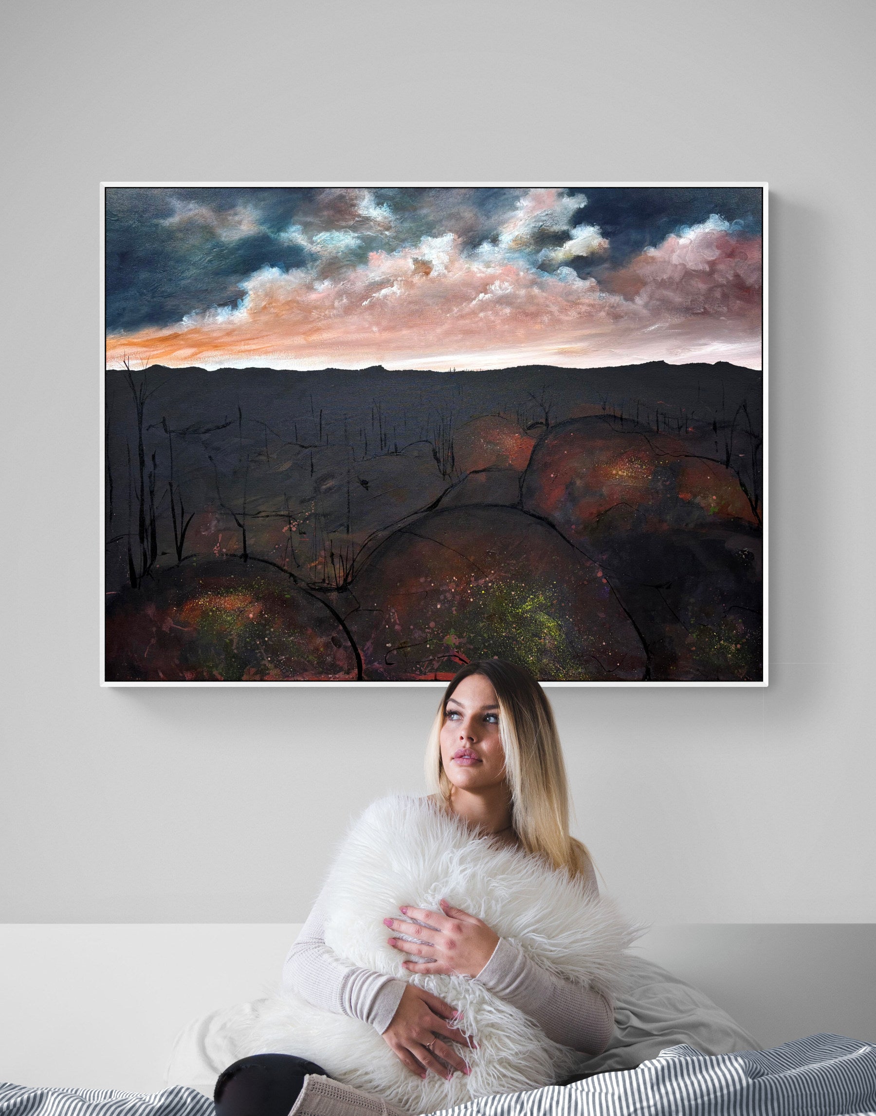 Close up of layering, detail and texture on Between Ember and Earth by Australian artist Tania Chanter, original, acrylic on canvas, 120x90cm, abstract moody cloudscape.
